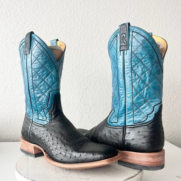 Rod Patrick Mens Cowboy Boots 13.5 A Black Ostrich Blue Top Leather Square Toe - Picture 1 of 12